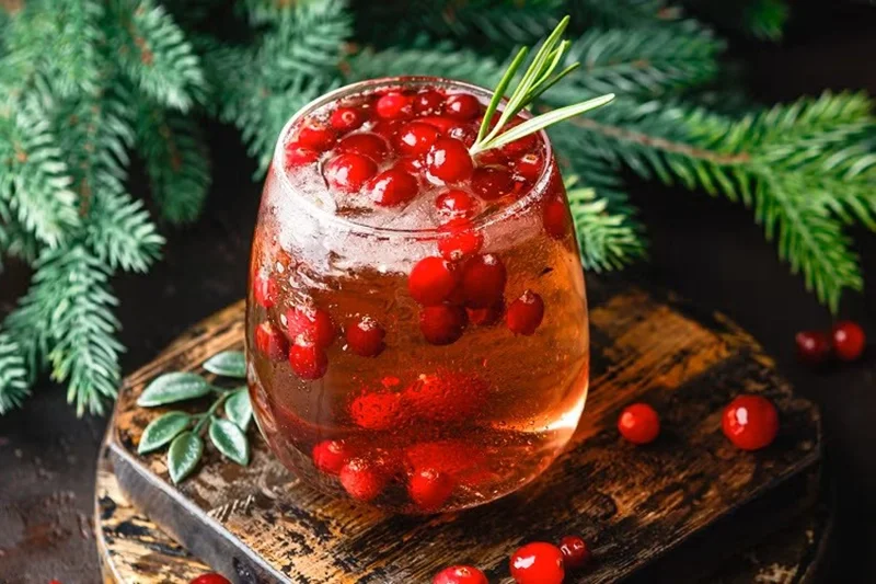 A sparkling berry mocktail sits atop a wooden coaster. There are cranberries sprinkled about and a sprig of pine behind it.