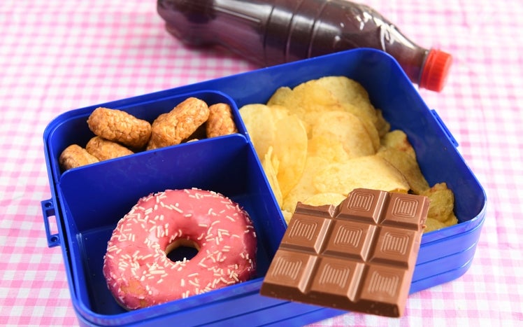 lunch box with doughnut, chocolate, potato chips and other ultra processed foods