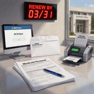 A desktop full of materials to renew your Medicaid