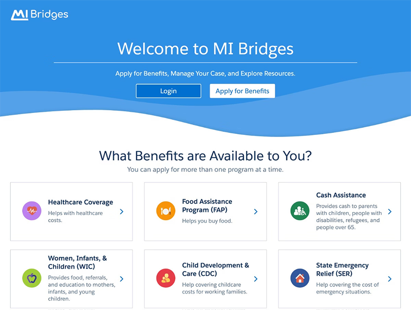 A screenshot of the MI Bridges home page