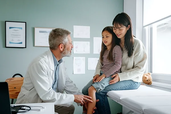 A mother and daughter sit on an exam table and speak to their doctor