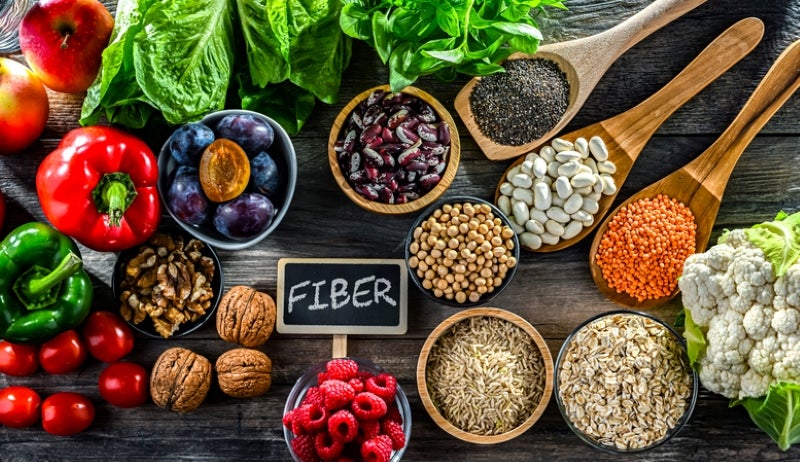 High fiber foods including beans, lentils, fruits and vegetables