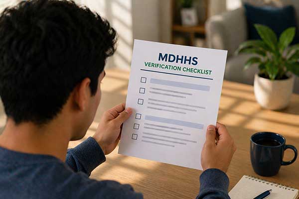 A man holding a paper titled "MDHHS Verification Checklist"
