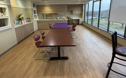 long dining tables with extensive scenic windows