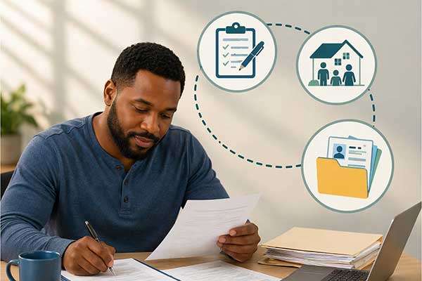 A man does paperwork. There are three icons circling around him.