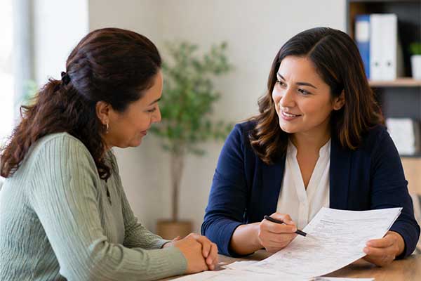 Two women discuss financial assistance